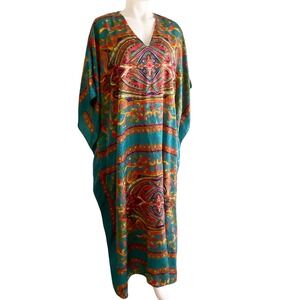 Vintage Winlar Paisley Kaftan Maxi Dress Teal Red Oversized Resort Wear One Size
